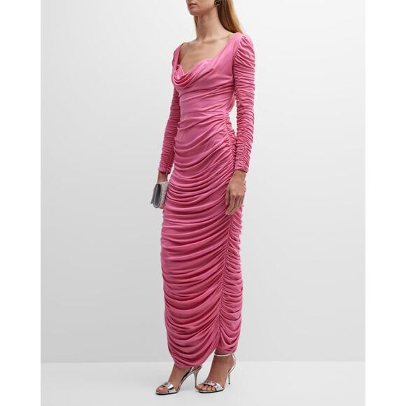 Aliétte Barbie Pink Ruched Draped Neckline Cowl Neck Gown Dress Size 10 - Picture 5 of 16